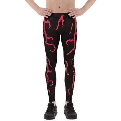 Mens cosplay wrestling tights in slim size in black with red molten design. Fun horror outfit for villain wrestling personalities.