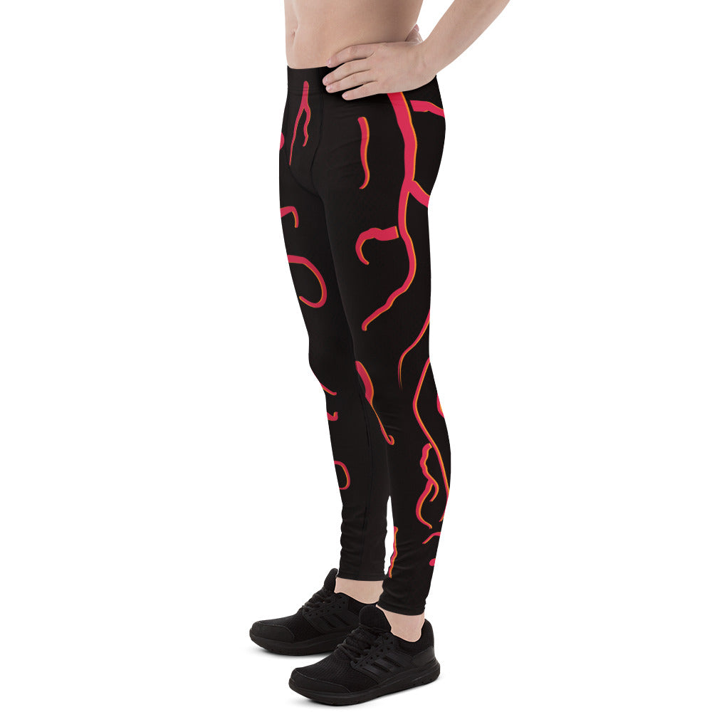 Mens cosplay wrestling tights in black with red molten design. Fun horror outfit for villain wrestling personalities. Slim size standing to the left.