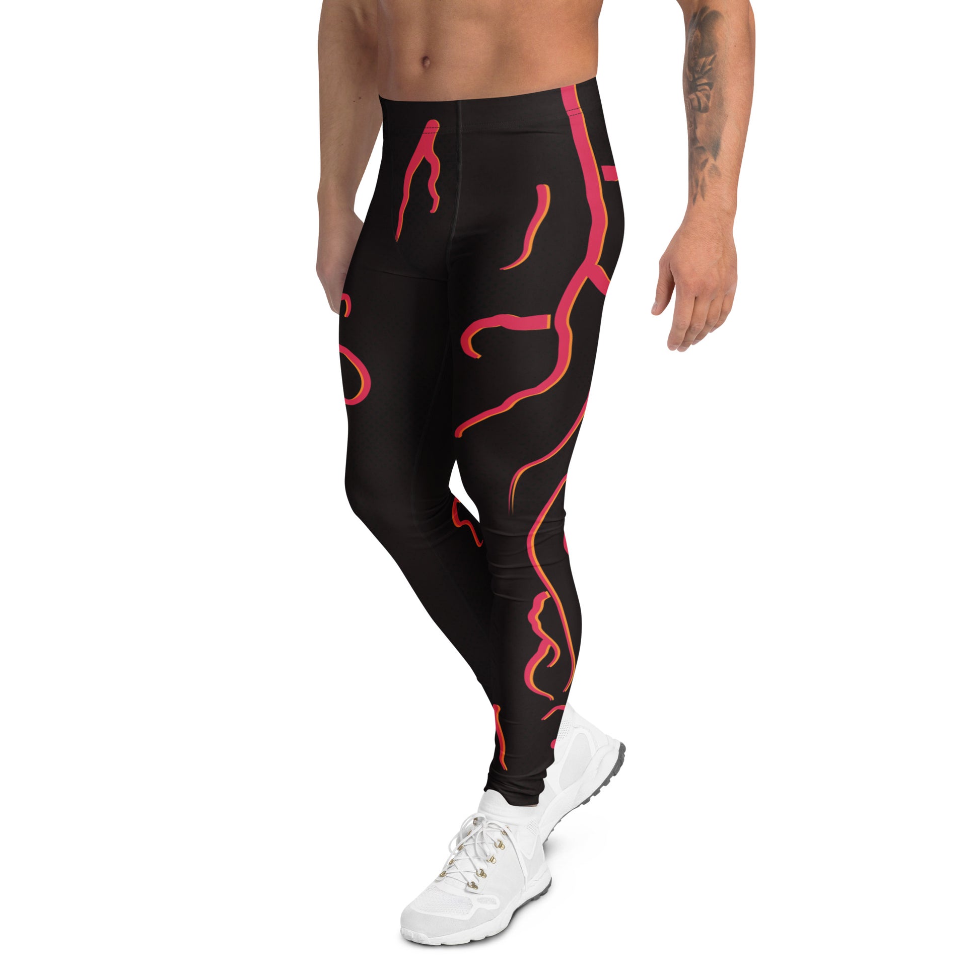 Mens cosplay wrestling tights in black with red molten design. Fun horror outfit for villain wrestling personalities. Standing to the left.