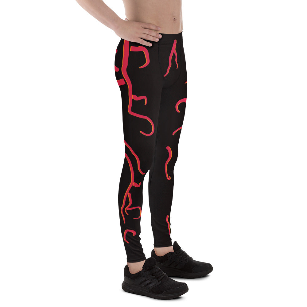 Mens cosplay wrestling tights in black with red molten design. Fun horror outfit for villain wrestling personalities. Slim size, facing right.