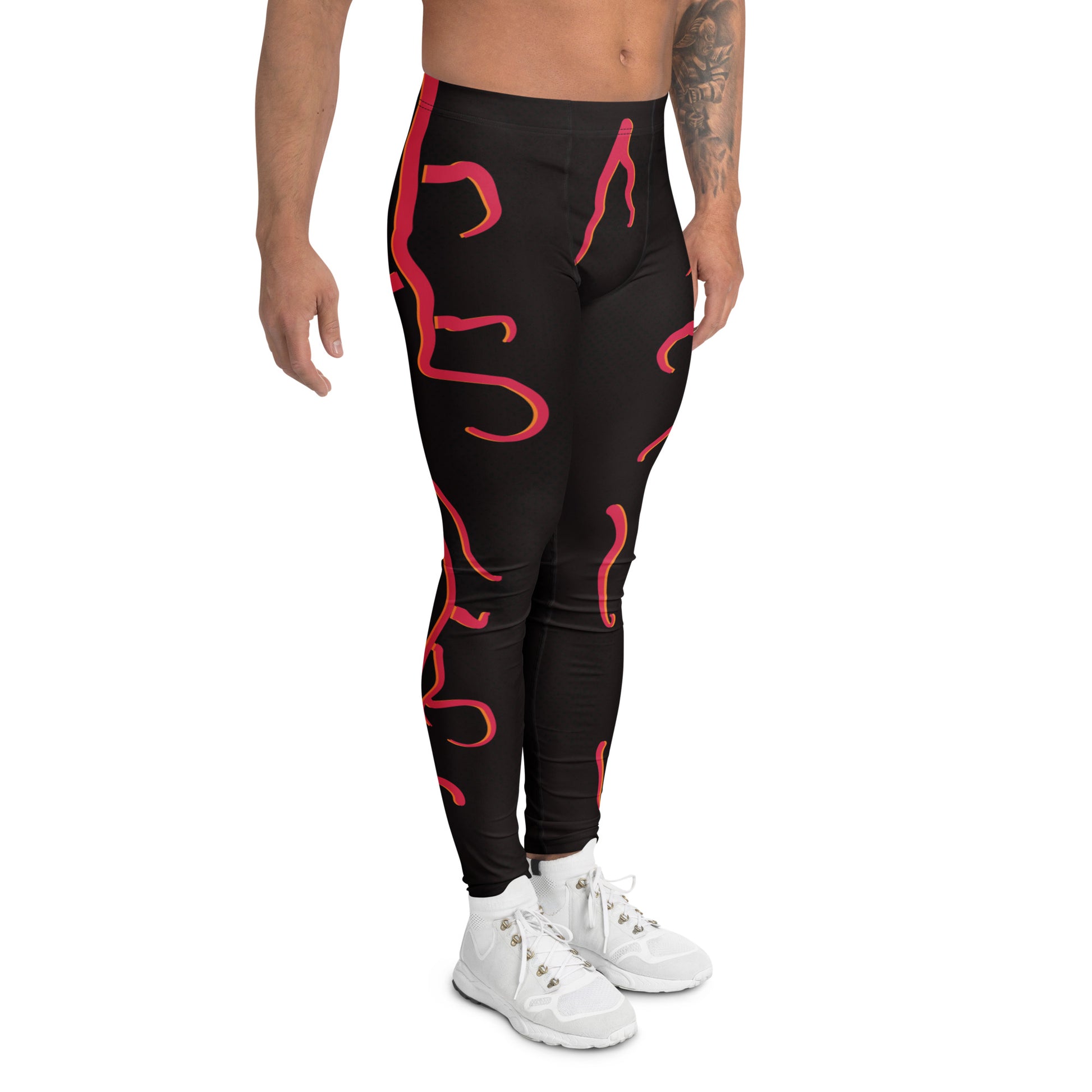 Mens cosplay wrestling tights in black with red molten design. Fun horror outfit for villain wrestling personalities. Standing to the right.