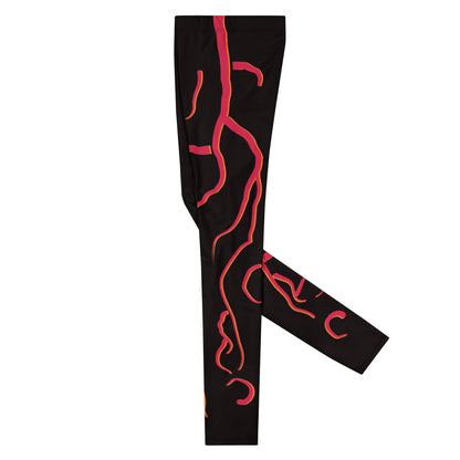 Mens cosplay wrestling tights in black with red molten design. Fun horror outfit for villain wrestling personalities. Flat view, side, facing right.