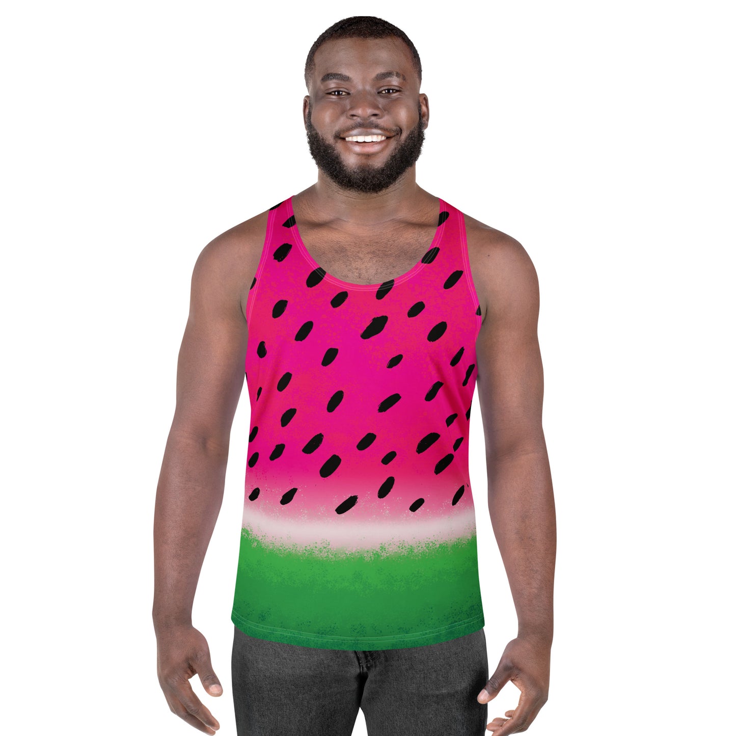 Mens watermelon tank top in green and pink with pips. Cosplay fancy dress activewear by BillingtonPix