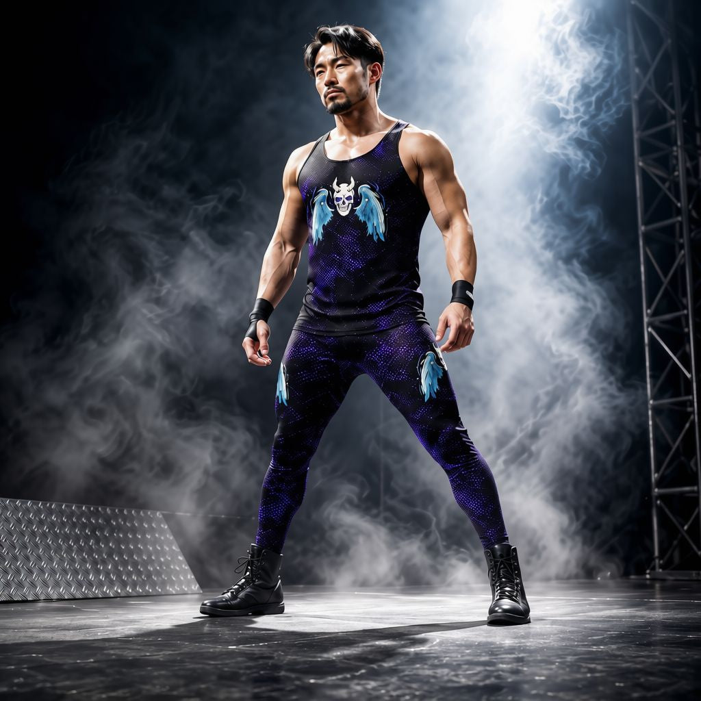 Man in gothic skull and wing print wrestling tights and tank top, dramatic dark arena lighting