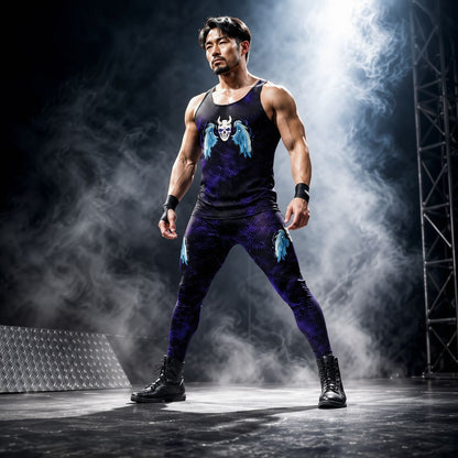 Man in gothic skull and wing print wrestling tights and tank top, dramatic dark arena lighting