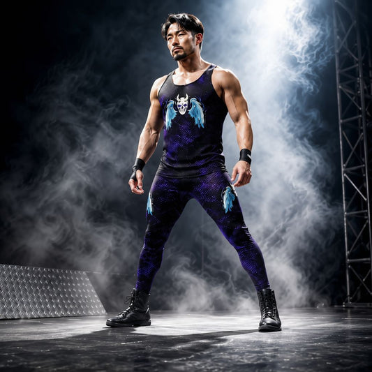 Man in gothic skull and wing print wrestling tights and tank top, dramatic dark arena lighting