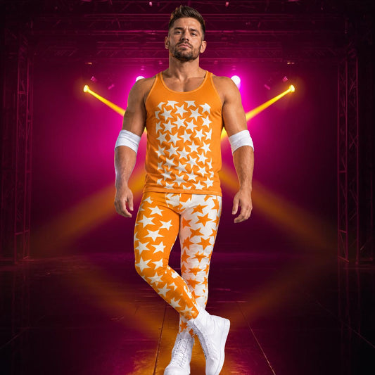 Mens matching tank top and pro wrestling tights in orange and white stars with alternating background and cut out insets.