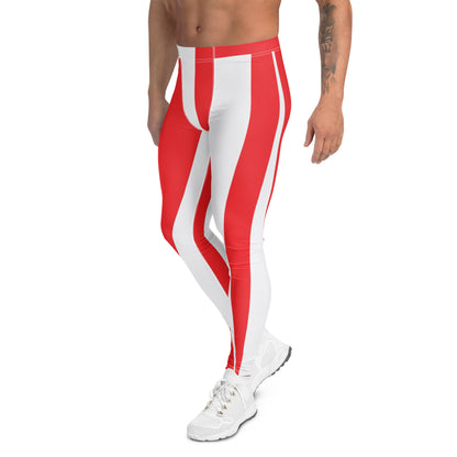 Man wearing red and white striped wrestling cosplay tights in a retro design