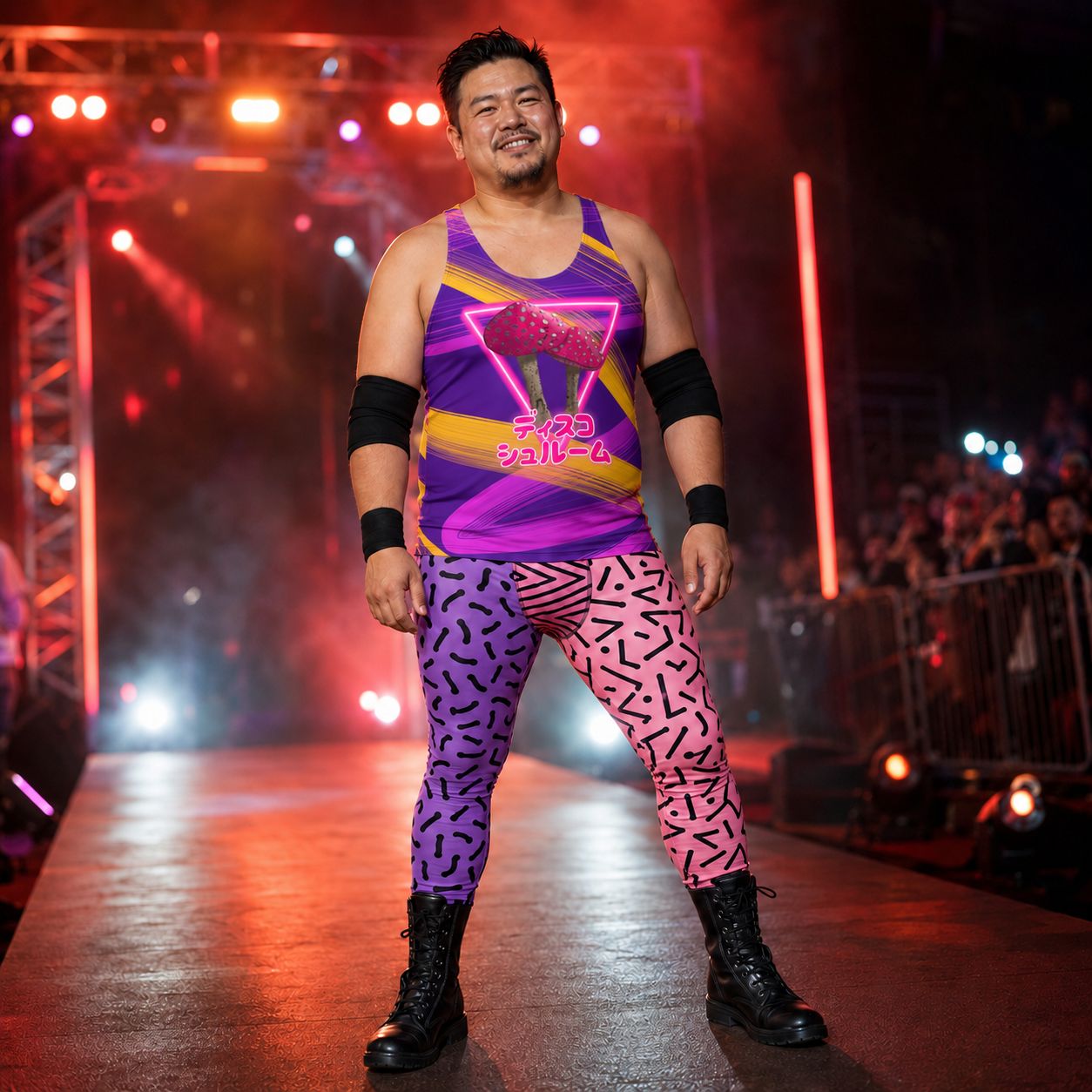men's leggings and tank top outfit in memphis style with neon mushroomcore retro 80s design