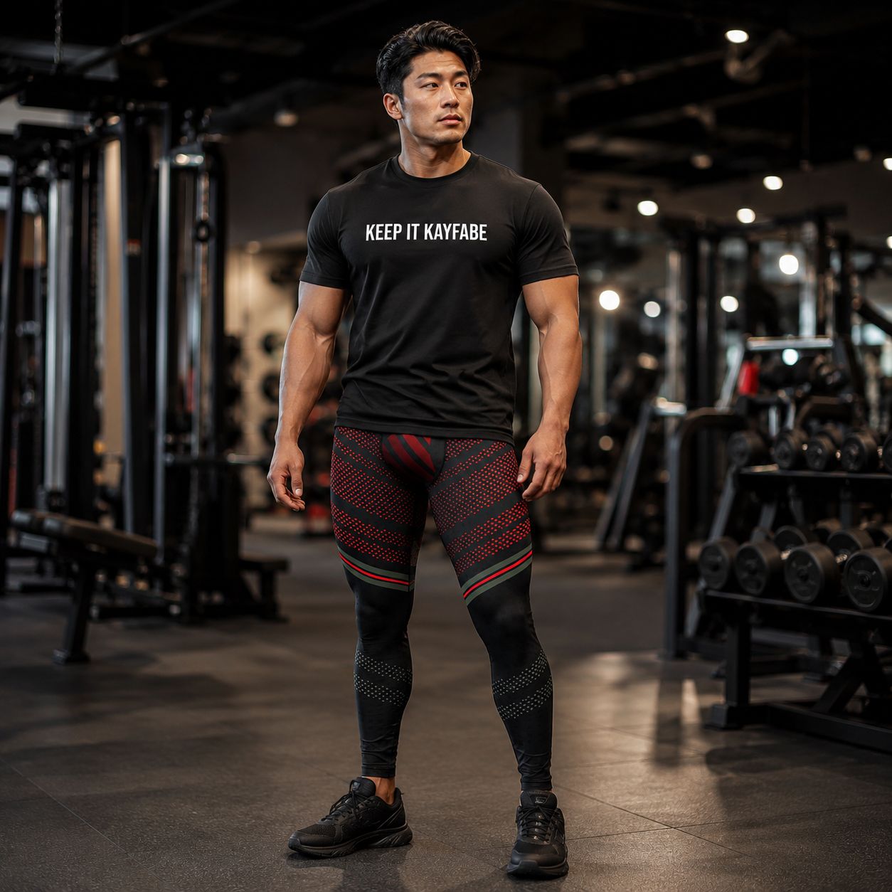 Man in a gym wearing a black t-shirt with 'KEEP IT KAYFABE' text and patterned leggings.