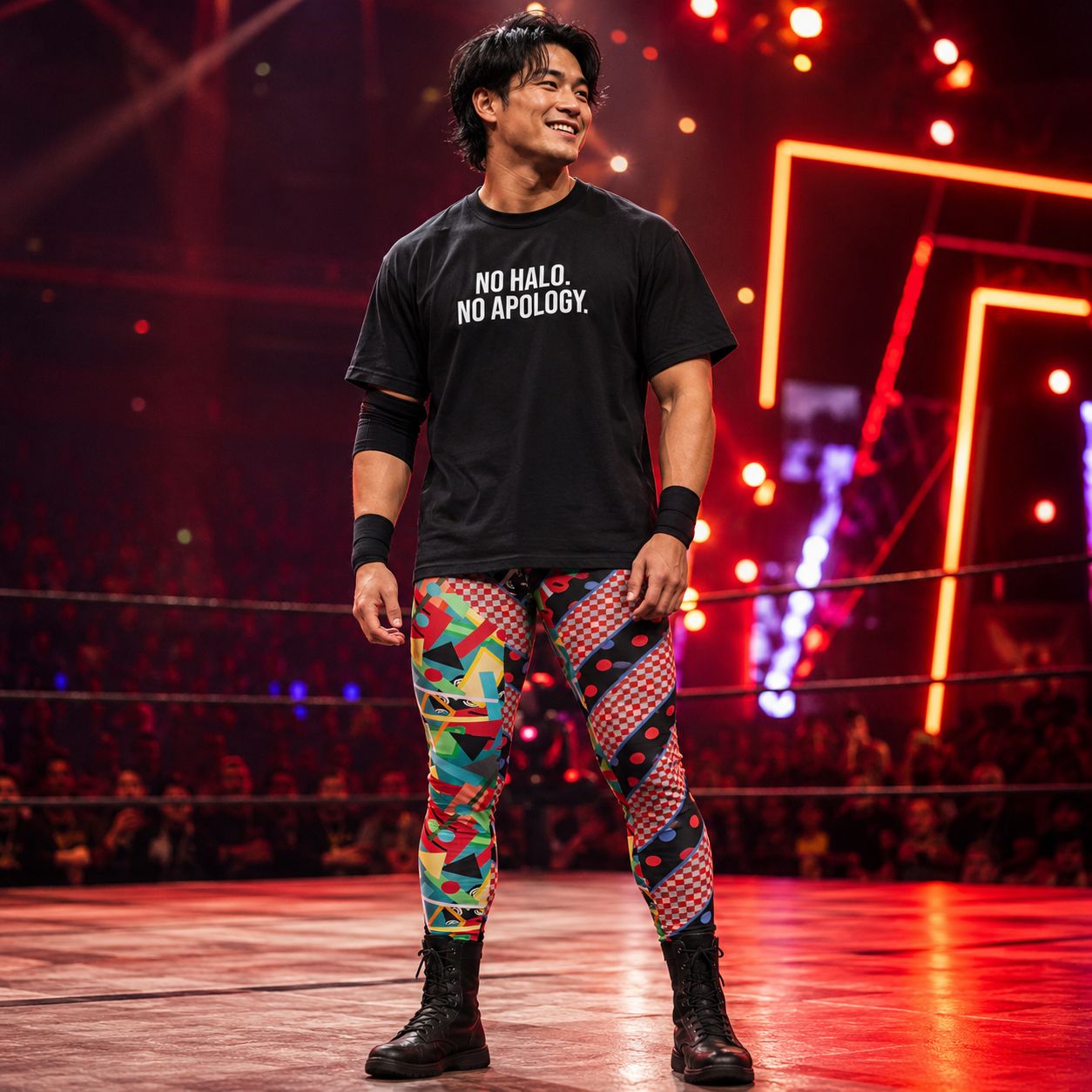 Man standing in wrestling arena smiling, wearing retro 80s Memphis geometric leggings and oversized black t-shirt entitled No Halo. No Apology.
