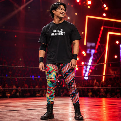 Man standing in wrestling arena smiling, wearing retro 80s Memphis geometric leggings and oversized black t-shirt entitled No Halo. No Apology.