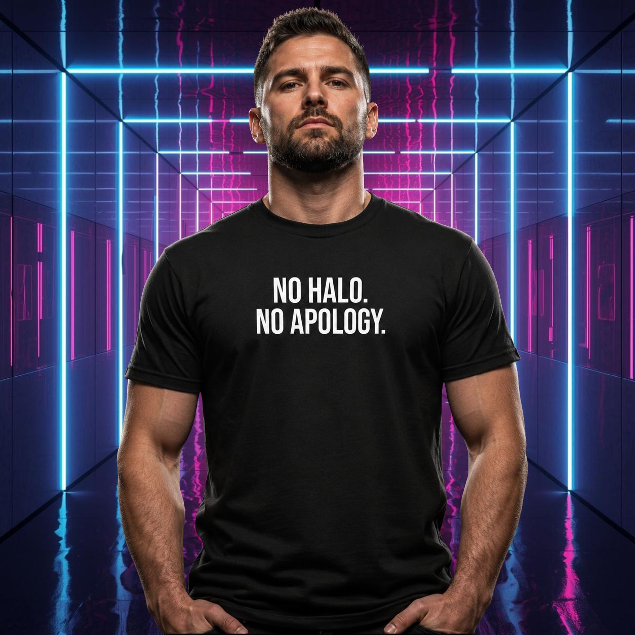 Man wearing a black wrestling heel themed t-shirt with 'NO HALO. NO APOLOGY.' text in a futuristic setting.