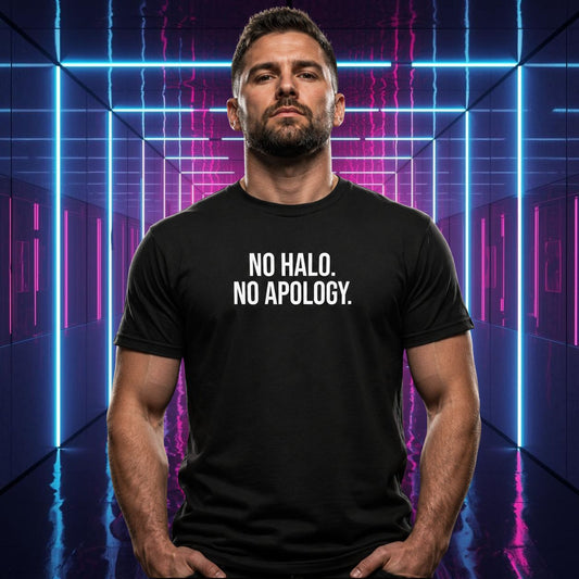 Man wearing a black wrestling heel themed t-shirt with 'NO HALO. NO APOLOGY.' text in a futuristic setting.