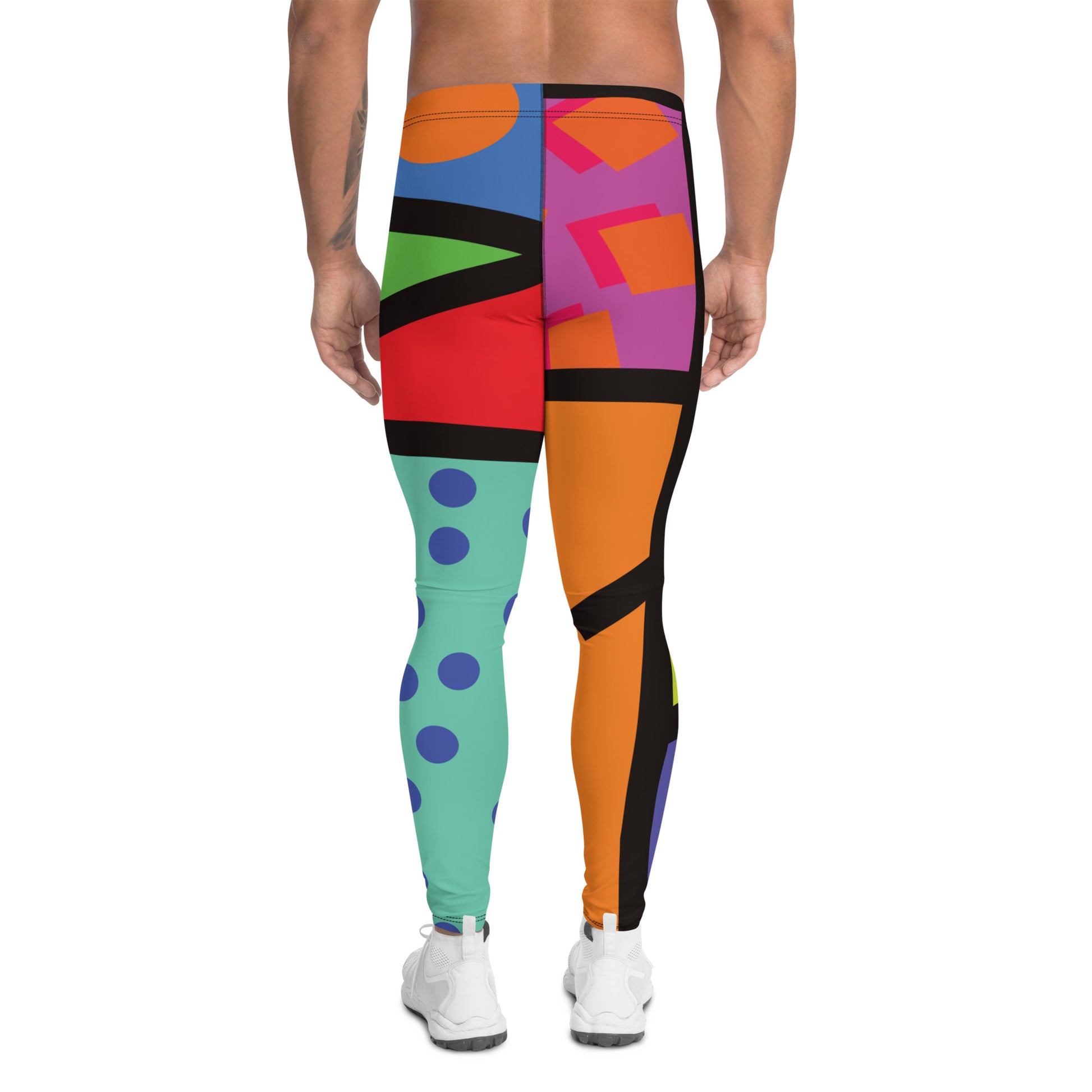 Geometric neoncore patterned leggings for men in a vibrant neon style of orange, blue, purple, yellow and orange with a black overlay on these unique mens compression pants meggings by BillingtonPix