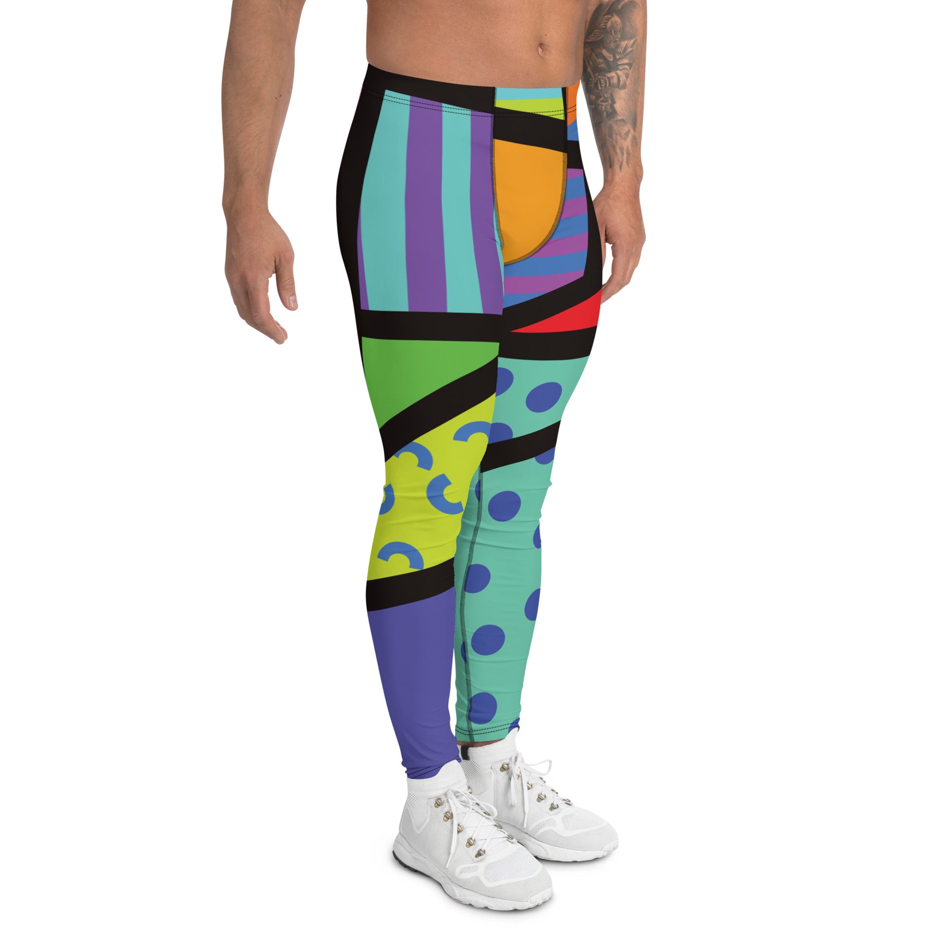 Geometric neoncore patterned leggings for men in a vibrant neon style of orange, blue, purple, yellow and orange with a black overlay on these unique mens compression pants meggings by BillingtonPix