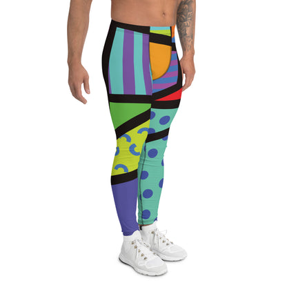 Geometric neoncore patterned leggings for men in a vibrant neon style of orange, blue, purple, yellow and orange with a black overlay on these unique mens compression pants meggings by BillingtonPix