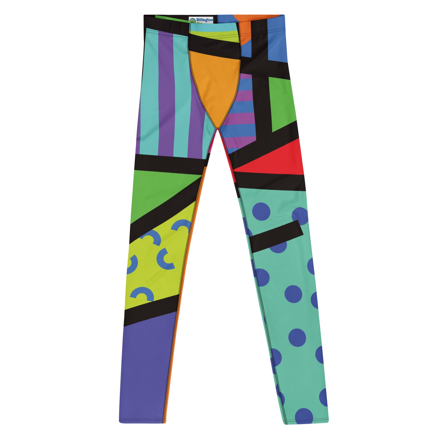 Geometric neoncore patterned leggings for men in a vibrant neon style of orange, blue, purple, yellow and orange with a black overlay on these unique mens compression pants meggings by BillingtonPix