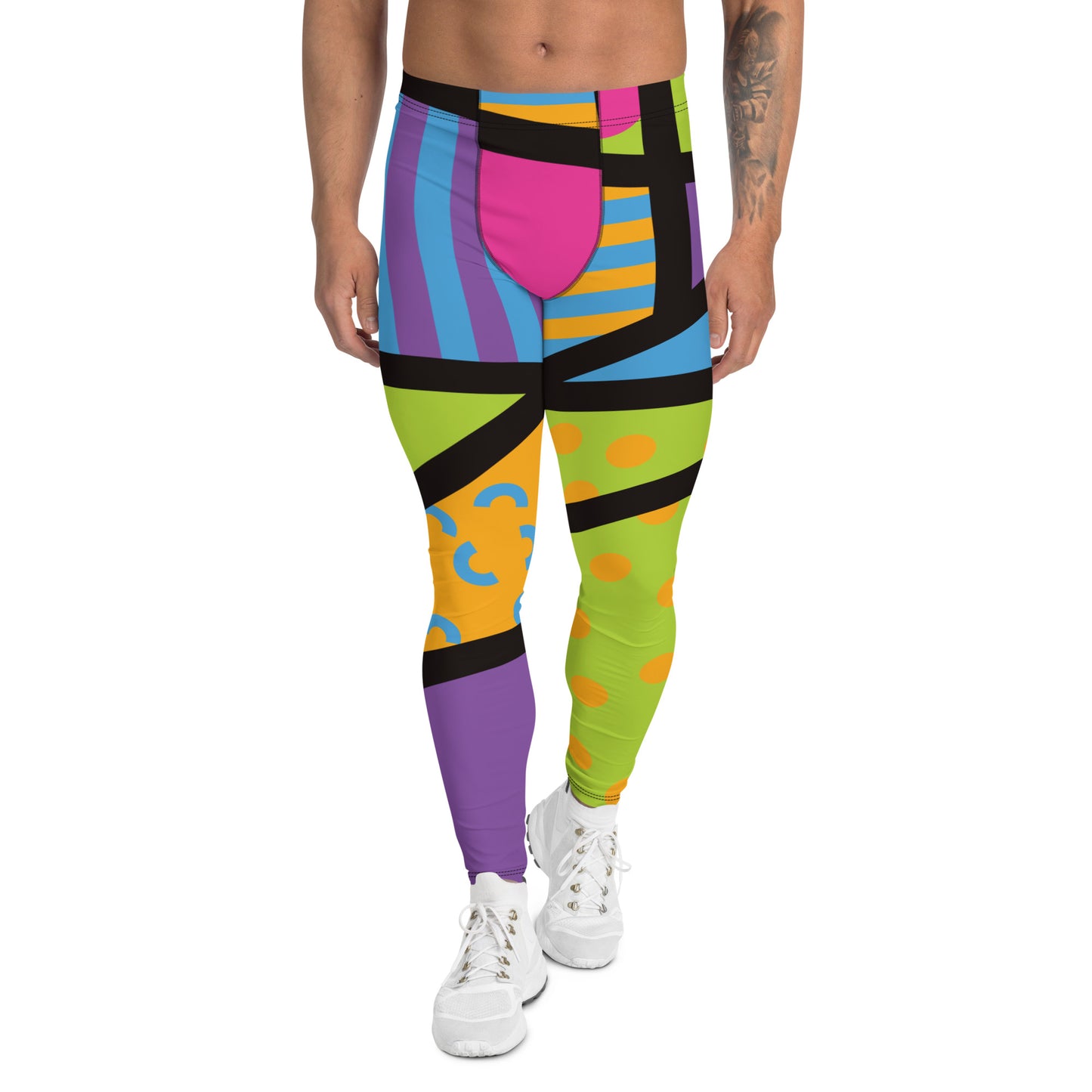 Geometric neoncore patterned leggings for men in a vibrant neon style of pink, blue, purple, yellow and orange with a black overlay on these unique mens compression pants meggings by BillingtonPix