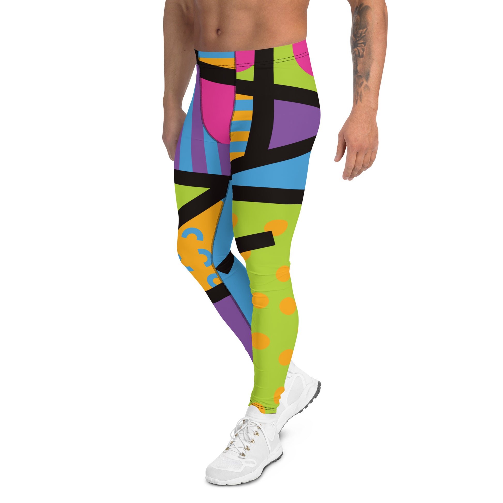 Geometric neoncore patterned leggings for men in a vibrant neon style of pink, blue, purple, yellow and orange with a black overlay on these unique mens compression pants meggings by BillingtonPix