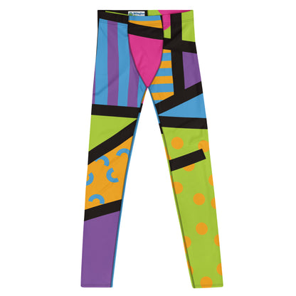 Geometric neoncore patterned leggings for men in a vibrant neon style of pink, blue, purple, yellow and orange with a black overlay on these unique mens compression pants meggings by BillingtonPix
