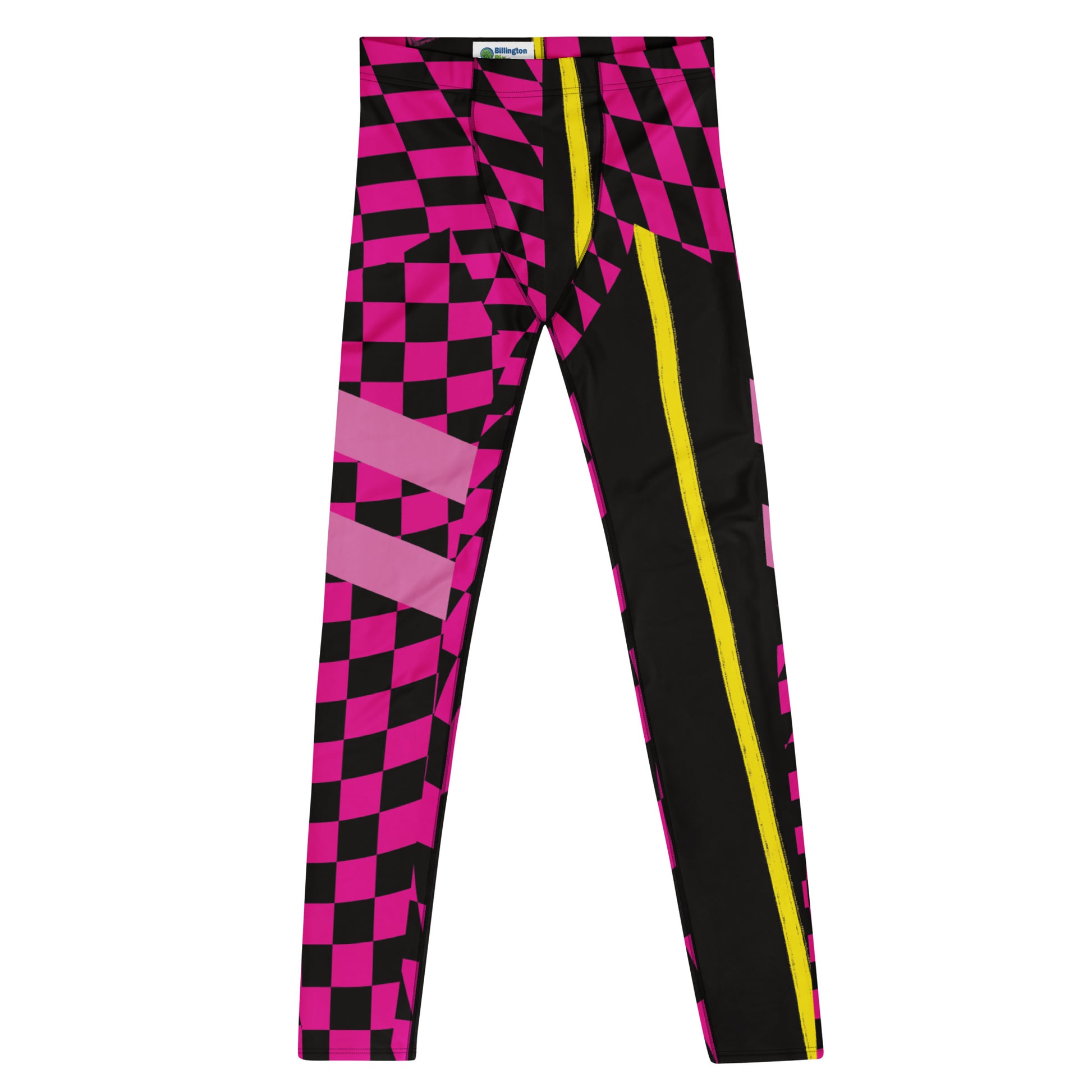 Men's wrestling tights in retro pink and black with yellow stripes. Checkered design. Retro style. Flat laid