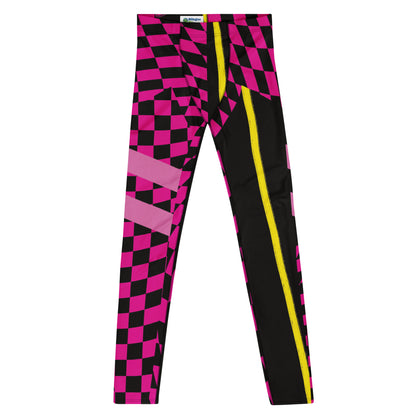 Men's wrestling tights in retro pink and black with yellow stripes. Checkered design. Retro style. Flat laid
