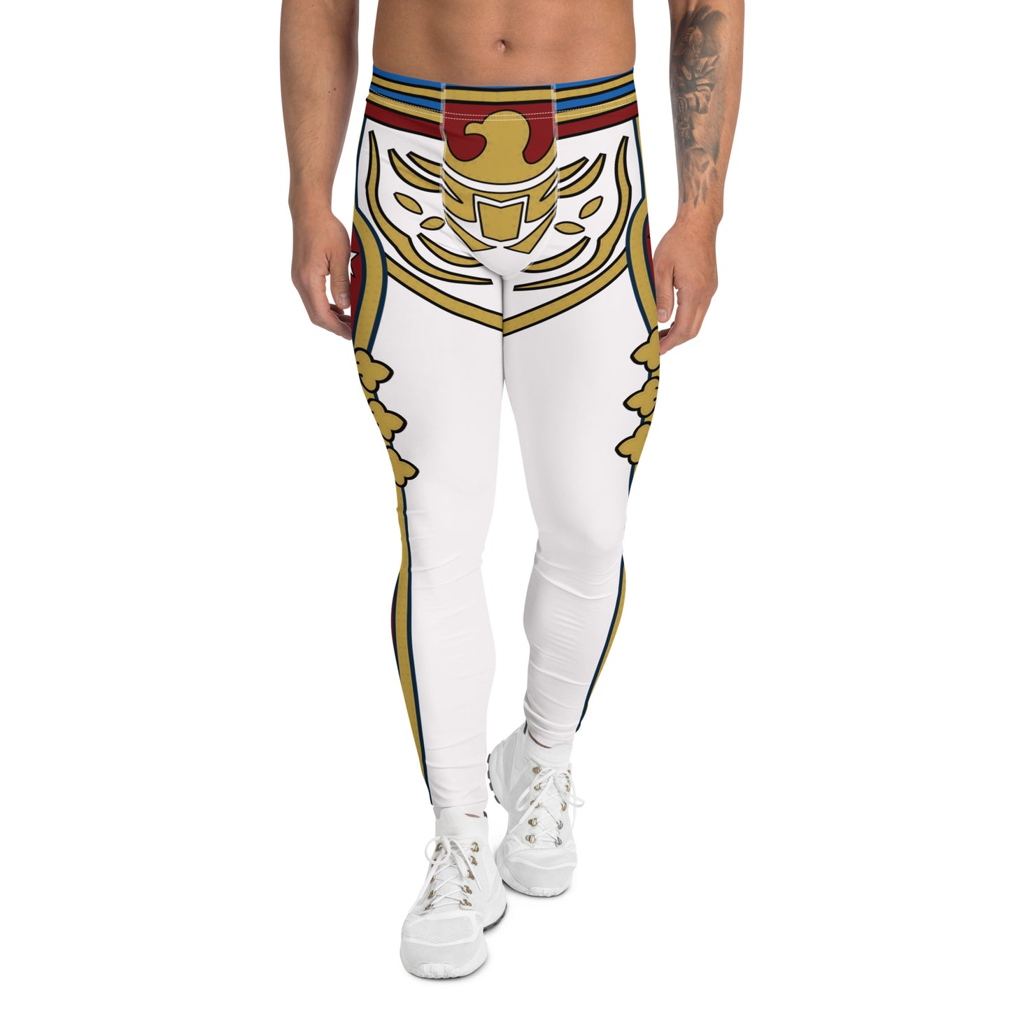 Retro Military style pro wrestling tights for men in white with gold and red trim. Fun eagle motif. Mid rise elasticated waistband and ankle length legs.