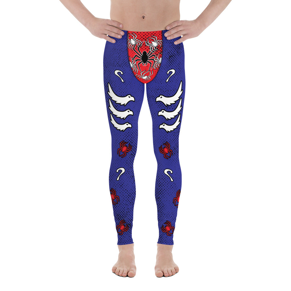 Mens lucha libre pro wrestling tights in navy blue with a red crotch area, containing black and white spiders.  White griffin birds in sets of 3 on each of the legs with more red spiders and question marks. Mid rise elasticated waistband and ankle length legs. Comic print leggings for men by BillingtonPix