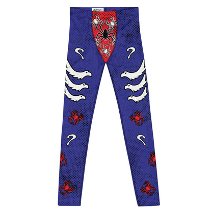 Mens lucha libre pro wrestling tights in navy blue with a red crotch area, containing black and white spiders.  White griffin birds in sets of 3 on each of the legs with more red spiders and question marks. Mid rise elasticated waistband and ankle length legs.