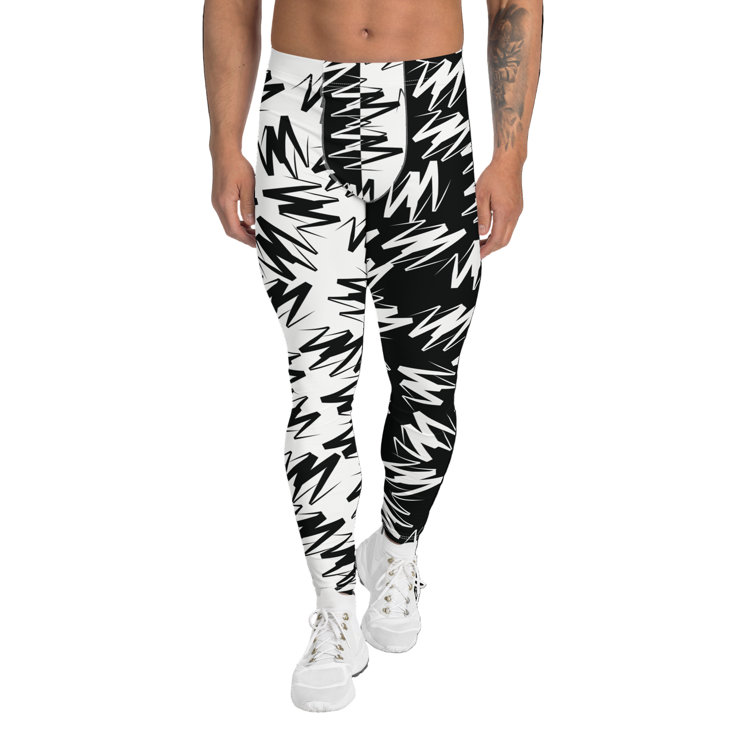 Men’s Zigzag Color Block Leggings in white and black lightning design – retro wrestling cosplay tights by BillingtonPix