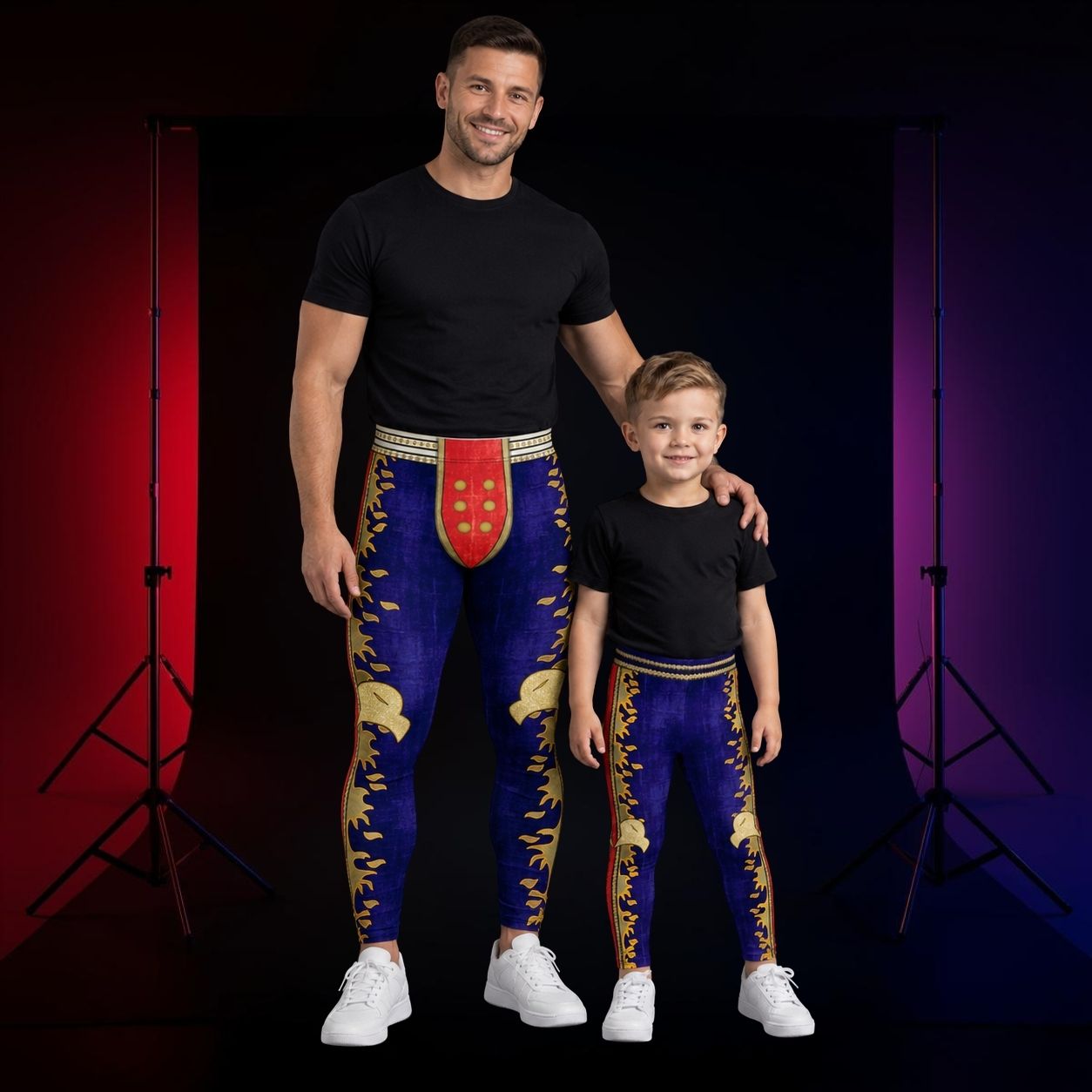 Father and son wearing matching Military Eagle wrestling leggings, navy with gold eagle emblem and red stripe - BillingtonPix