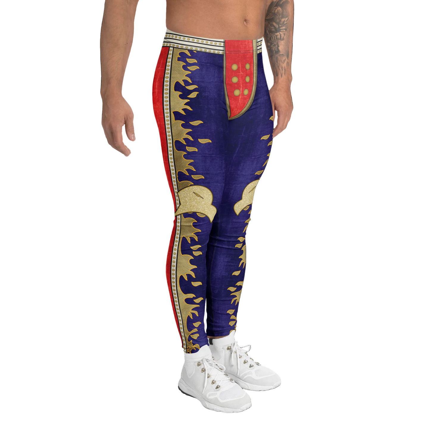 Colorful patterned leggings worn by a person on a white background