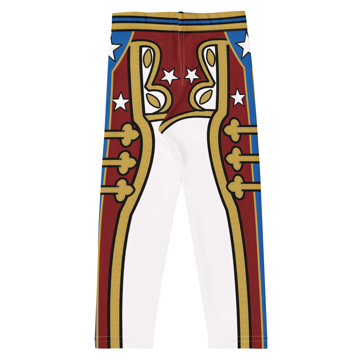 Leggings laid flat with a decorative retro military pattern on a white background. Rear view.
