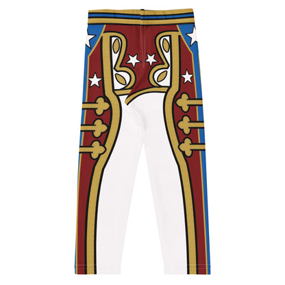 Leggings laid flat with a decorative retro military pattern on a white background. Rear view.