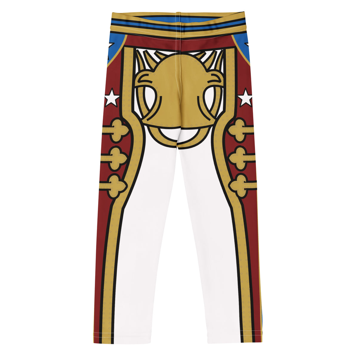 Leggings laid flat with a gold and red retro military design on a white background. Front view.