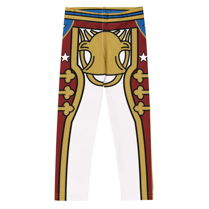 Leggings laid flat with a gold and red retro military design on a white background. Front view.