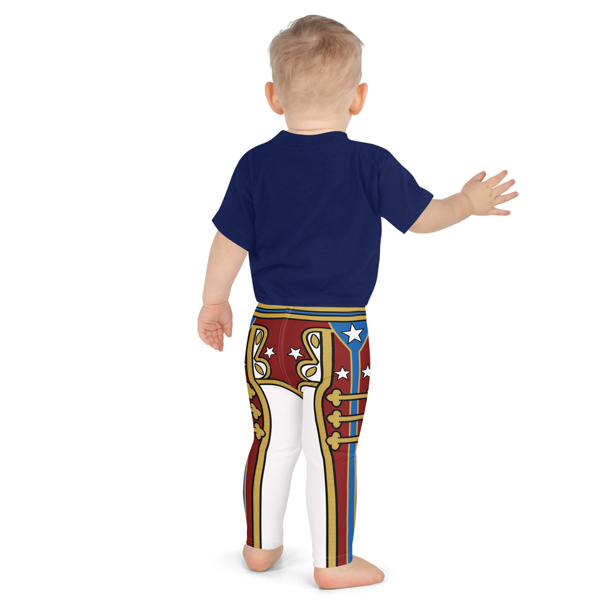 Child wearing a navy blue shirt and colorful leggings with a decorative pattern on a white background