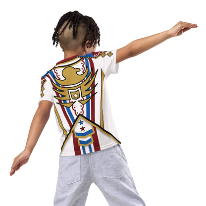 Child wearing a white t-shirt with a colorful graphic eagle design on a white background
