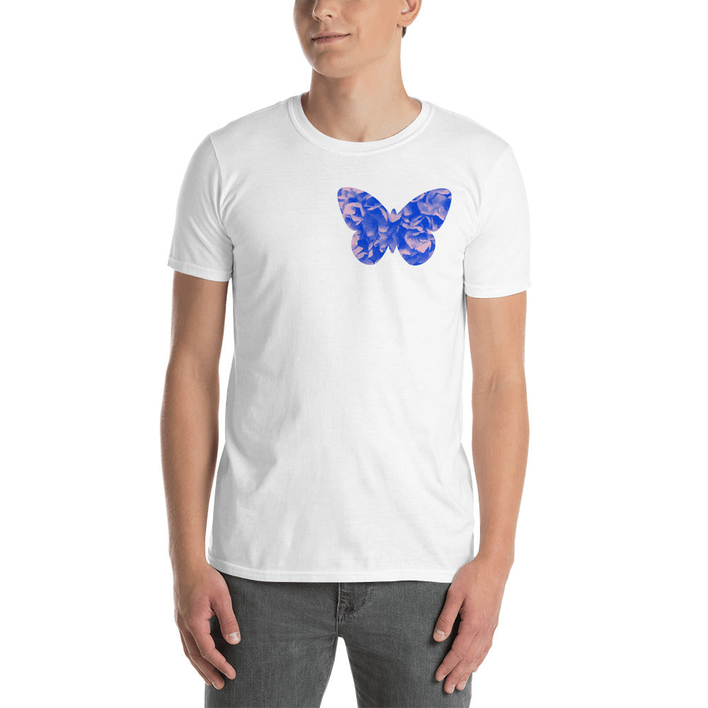 Camiseta unisex de manga corta con estampado de mariposas y flores azules