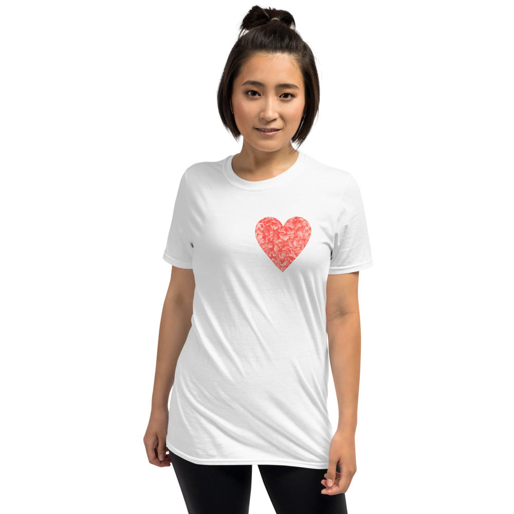 Camiseta unisex de manga corta con corazón floral rosa