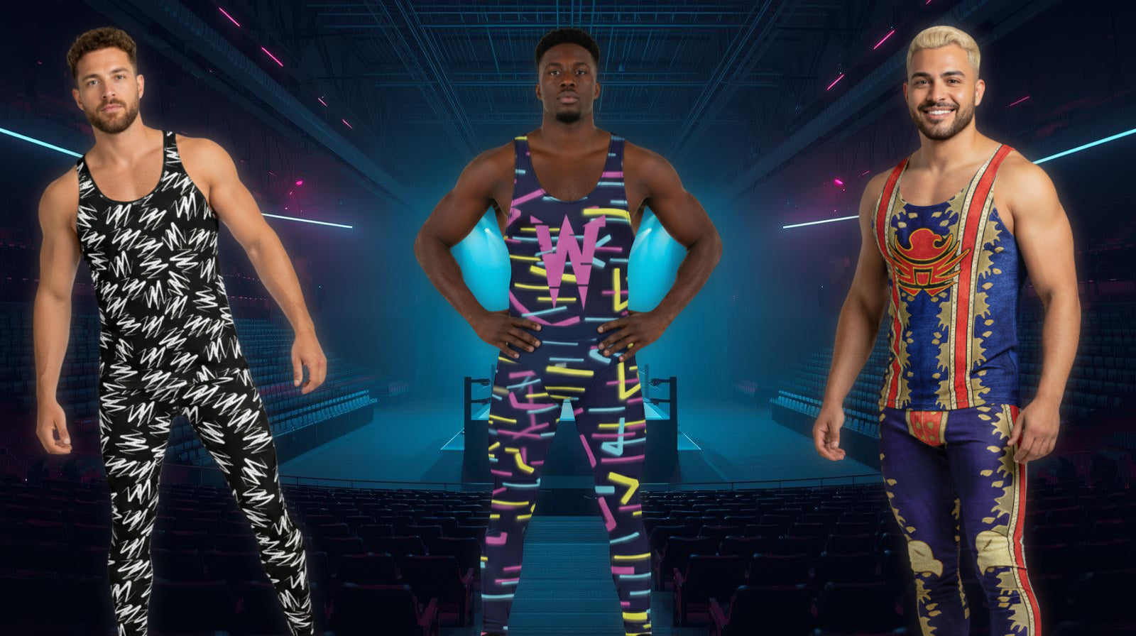 Three men wearing wrestling-inspired compression leggings in bold designs, styled for training, performance, and confident everyday wear