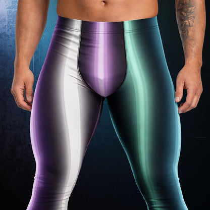 Colorful leggings with a striped gradient effect on a dark background - closeup view