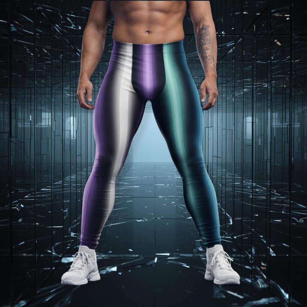 Person wearing striped neoncore leggings with a dark, reflective background