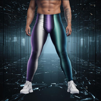 Person wearing striped neoncore leggings with a dark, reflective background