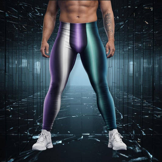 Person wearing striped neoncore leggings with a dark, reflective background