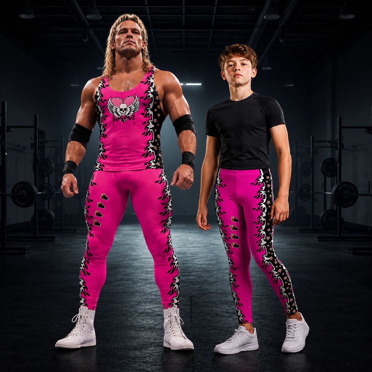 Parent and son wearing matching pink and black outfits in a gym setting