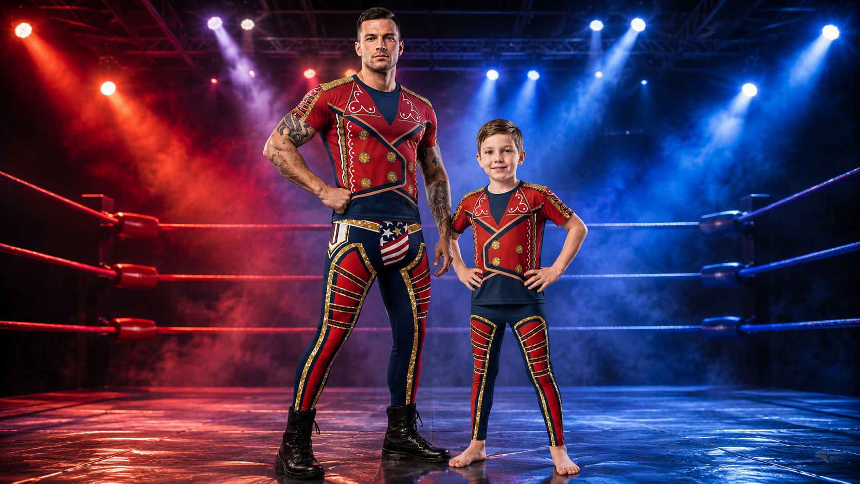 
                Dad and son wearing matching patriotic American hero wrestling cosplay bundles
              