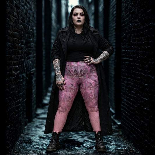 Pastel Goth wearing a long black coat and pink skull-patterned leggings standing in a dark alley.