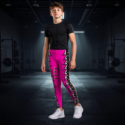 Person wearing bright pink leggings with black fire and star patterns in a gym setting